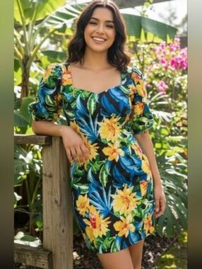 NWT Jealous  Tomato puff sleeve tropical hibiscus summer dress S beach vacation